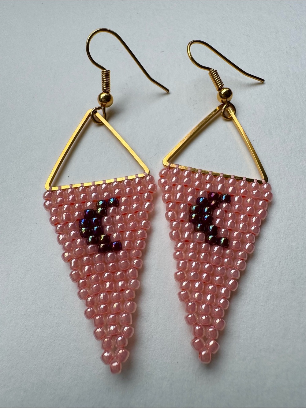 Pink Beaded Triangle Crescent Moon Handmade Earrings Gold plated